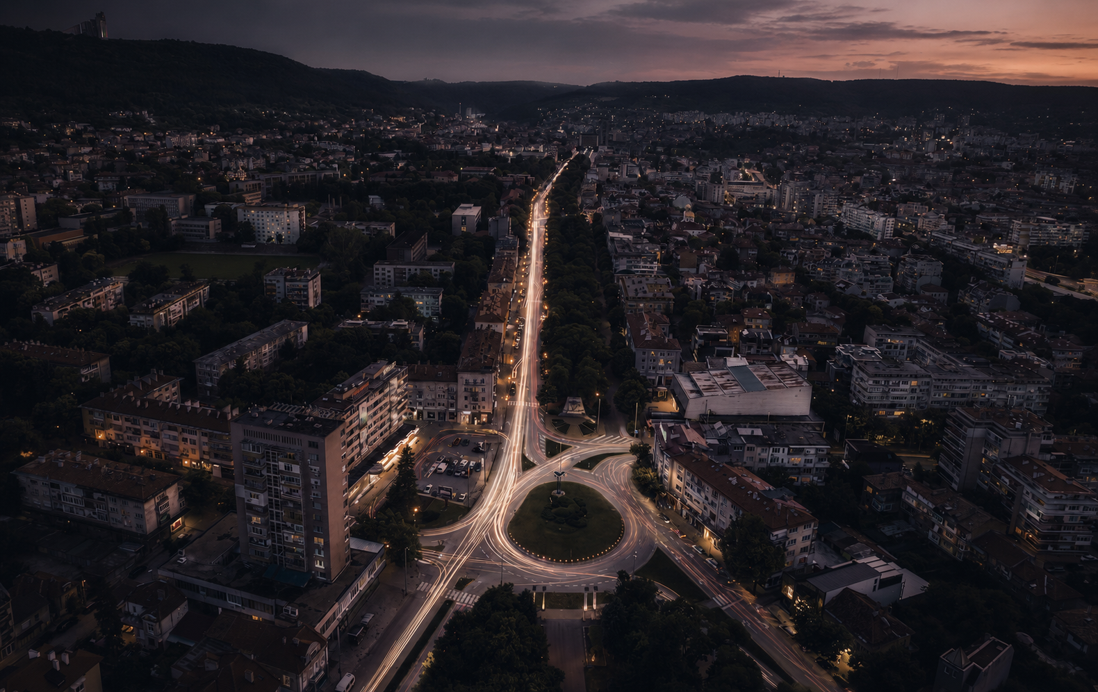 Aerial view of Shumen at night